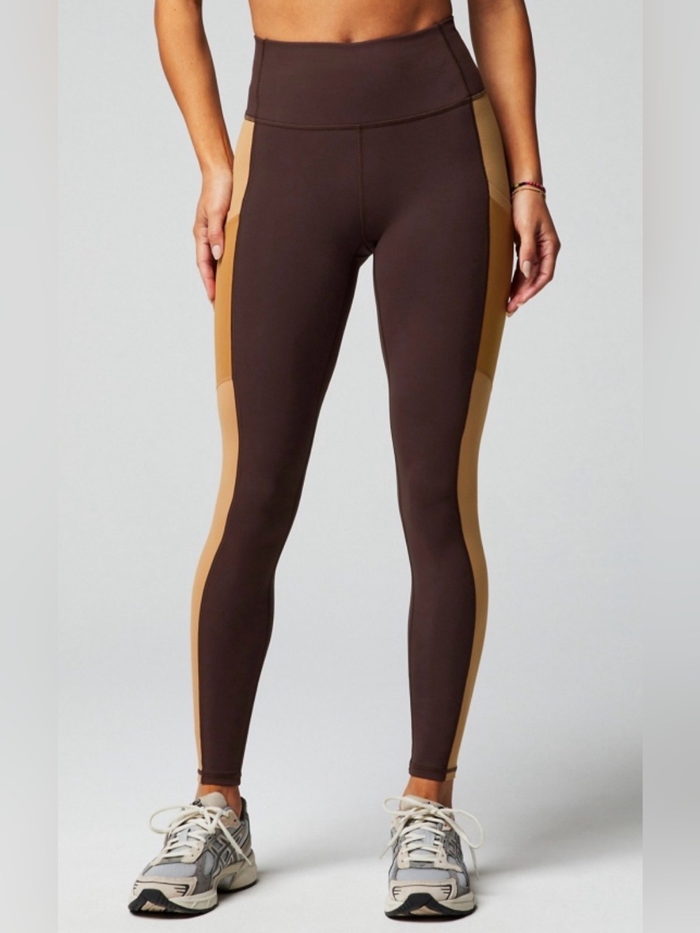 Fabletics PowerHold High Waisted Colorblock Leggings Brown Tan Small